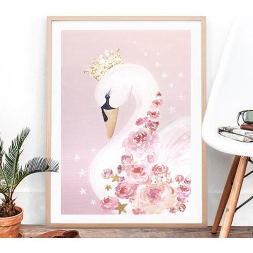 Swan Princess Canvas Art Print Nursery Decor Watercolor Swan Flower Blush Gold Canvas Painting Baby Girls Room Decoration