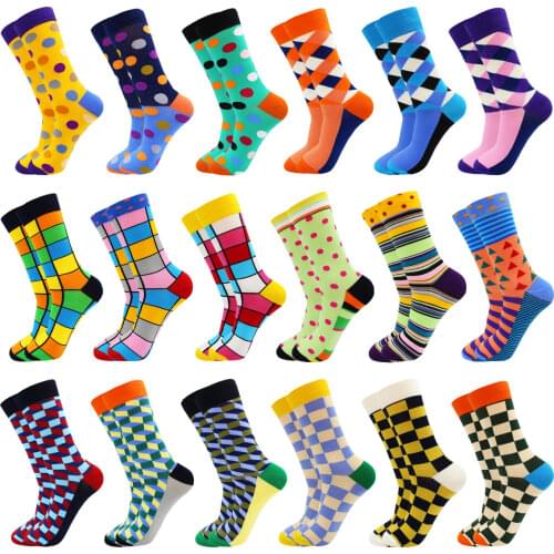 Fashion Stripe Cotton Casual Mens Socks Harajuku Hip Hop Happy Plaid Dot Animal Sloth Food Funny Mens Dress Socks Gifts for Men