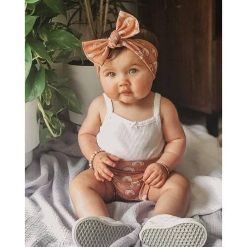 0-18M Baby Girl Cotton Clothes Sets 3Pcs Suits Baby Sling Ribbed White Sleeveless Romper Tops+Rainbow Printed PP Shorts+Headband