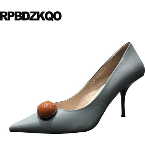 Size 4 34 high heels 2019 beige fashion designer women luxury shoes medium pointed toe blue thin pumps 3 inch slip on scarpin