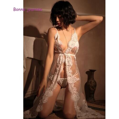 Sexy Deep V Mesh See Through Embroidery Dress Robe Plus Size Erotic Hot Sexual Lingerie Lace Babydoll Costumes for Women Adult