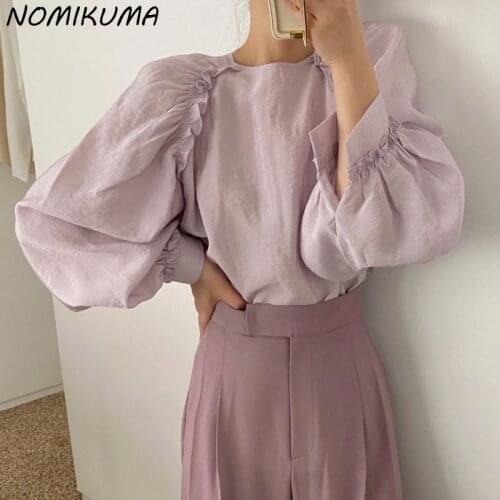 Nomikuma Chic Ruffle Lantern Sleeve Blouse Tops Casual O-neck Korean Woman Shirts Autumn 2021 New Elegant Blusas Feminima 6L357