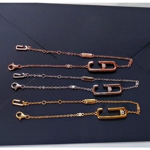 SOELLE Real 925 Sterling Silver Safety Pin Bracelet with Moving Bead Zircon Rose Gold 3 Colors for Women Fashion Party Jewelry