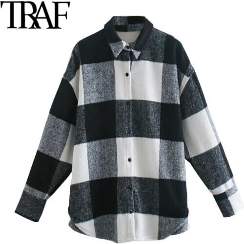 TRAF Women Fashion Oversized Check Woolen Jacket Coat Vintage Long Sleeve Button-up Female Outerwear Chic Tops