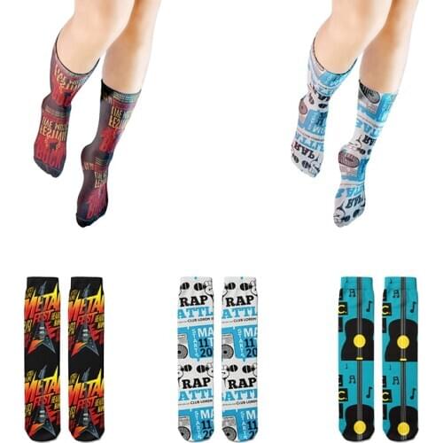 Street Punk Skateboard Cotton Socks Women Unisex Compress Guitar RocK Notes Pattern Medium tube Stock Funny Casual Popular Socks