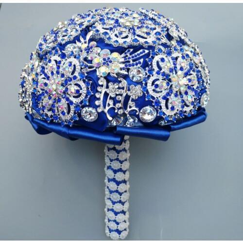 Custom Made Full Crystal Brooch Bridal Bouquets Bridal Artificial Roses Flowers Bouquet De Novia Blue Crystal Wedding Bouquet