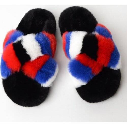 Winter Womens/Mens Faux Fox Fur Slippers Cute Cross Plush Couple Slides Indoor Thicken Warm Home Shoes Ladies Furry Flip Flops