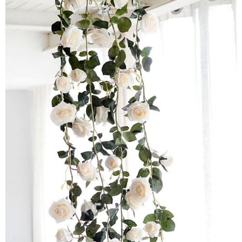180cm Artificial Rose Flower Vine Wedding Decorative Real Touch Silk Flowers With Green Leaves for Home Hanging Garland Decor