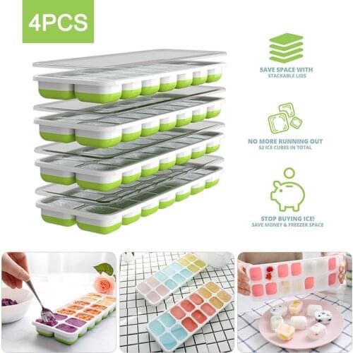 4pcs 14 Grid Silicone Ice Cube Tray Mould Household Three-dimensional Square Shape Ice Tray Molds With Clear W/cover