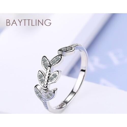BAYTTLING 925 Sterling Silver Sweet Leaf Zircon Open Ring For Woman Fashion Wedding Jewelry Couple Ring Gift