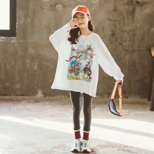 Teen Girls Cartoon Print Long Sleeve White Long Tops 10 11 12 13 14 years Spring Autumn Loose Fashion Casual T-shirt Girls