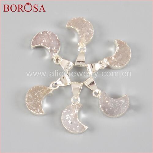 BOROSA Natural Crystal Druzy Moon Pendant Beads Crescent Silver Color Natural Crystal Drusy Necklace Charms for Women SS120