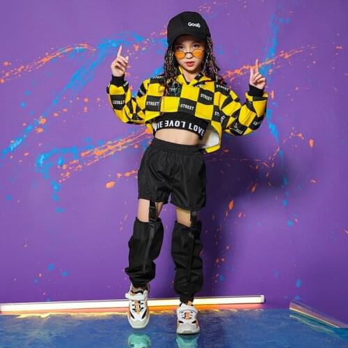 Kids Hip Hop Clothing Yellow Black Hoodie Top Hollow Pants For Girl Jazz Ballroom Dance Costume Clothes Wear Dance Outfit Hiphop