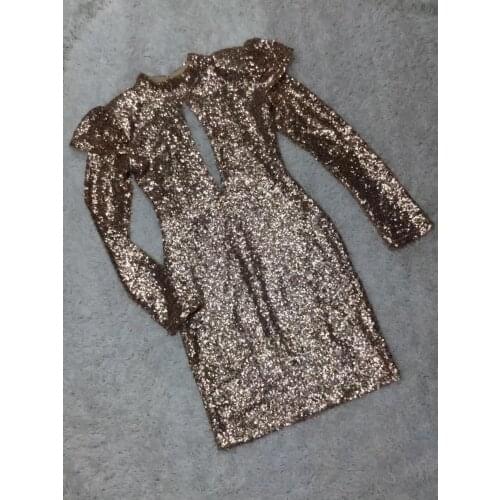 Sequined Cocktail Shining Long Sleeve Gold Hollow Out Bust Party Dress Sexy Fashion Women Formal Gown