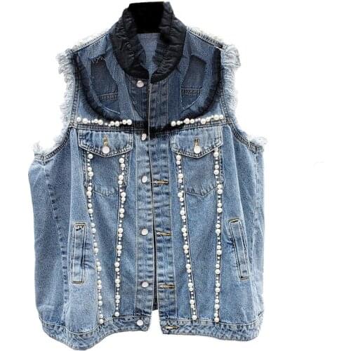 2021 Spring Autumn Plus Size Sleeveless Coat Fashion Heavy Industry Bead Stitching Mesh Loose Denim Vest Jacket Women Waistcoat