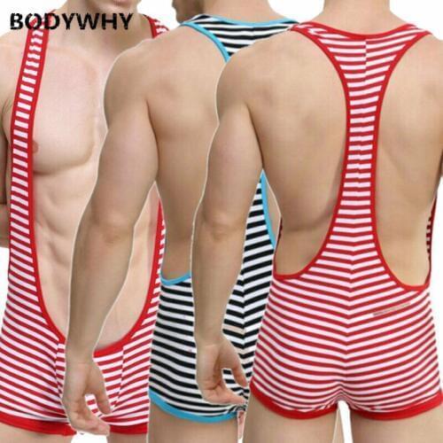 Mens Striped Bodywear Mankini Wrestling Singlet Sexy Leotard Jumpsuits Cotton Mens Clothes Underwear Cotton Jumpsuit Men