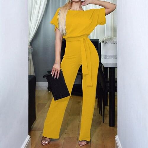 Elegant Short Sleeve Lace Up Jumpsuit Women Summer 2021 Fashion Casual O-neck Solid Slim Clothes Pink Rompers Womens Jumpsuit