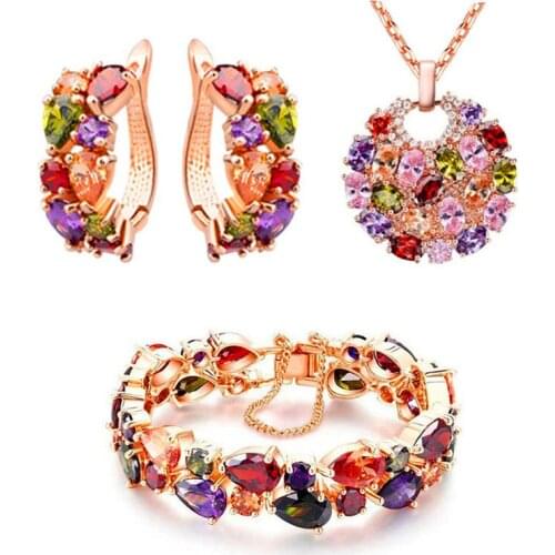 Trendy Female Rainbow Crystal Jewelry Set Charm Rose Gold Color Clip Earrings For Women Luxury Round Wedding Chain Necklace