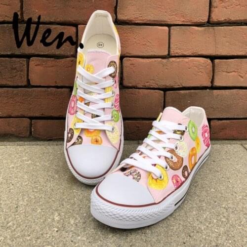 Wen Original Hand Painted Shoes Colorful Donuts Low Top Men Womens Pink Canvas Sneakers for Boys Girls Gifts Graffiti Painting