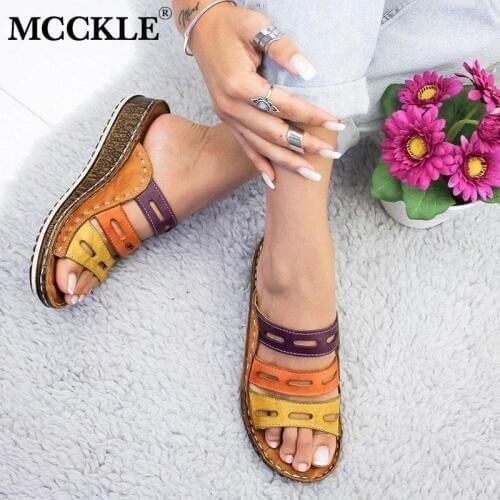 MCCKLE Women Slippers Ladies Hollow Out Mixed Colors Flip Flops Fashion Sewing Wedge Sandals Cork Shoes Platform Female Slides