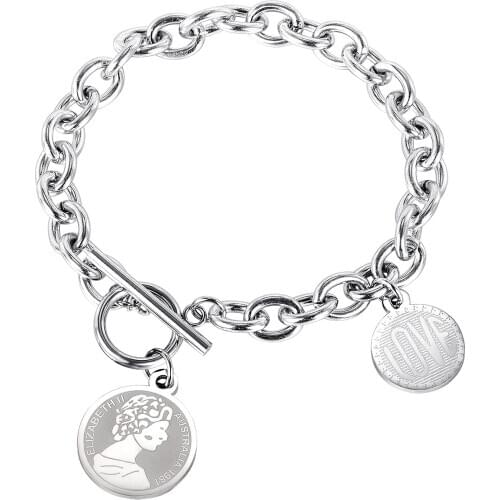Minimalist Stainless Steel Round Queen Coin Bracelets For Women Girls Fashion Kpop OT Buckle Cuff Jewelry Accessories Bracelets