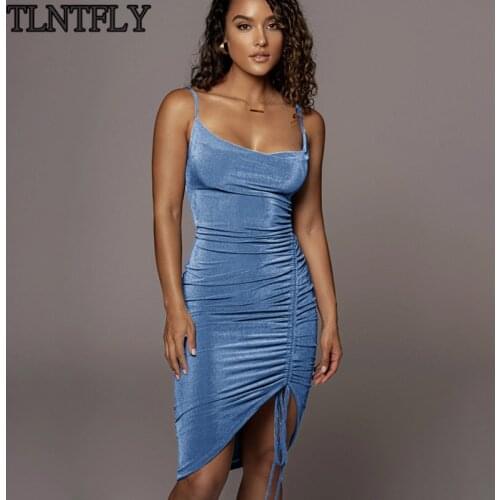TLNTFLY Fashion Drawstring Ruched Split Midi Dress Women Party Club Backless Sleeveless Skinny Dresses Holiday Vestido