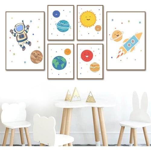 Cartoon Solar System Planet Rocket Astronaut Wall Art Canvas Painting Nordic Posters And Prints Wall Pictures Kids Room Decor