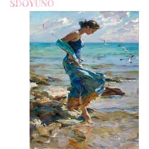 SDOYUNO acrylic painting by numbers with frame for adults girl playing in the water drawing by numbers for modern art home decor