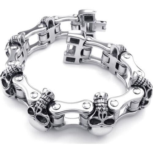 New Arrive Mens Cool Jewelry Gothic Silver Stainless Steel Skull Heavy Motor Biker Bracelet