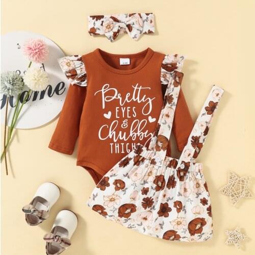 0-24 M Baby Girls Clothes Autumn Three-piece Set Letters and Floral Printed Long Sleeve Romper Suspender Skirt and Headband