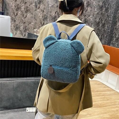 Casual Warm Solid Color Lambswool Daypack School Bag Women Girls Cute Bear Ear Fleece Small Backpack Shopping Rucksacks