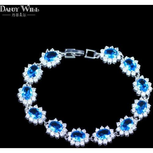 Luxury Sky Blue Crystal Women Jewelry Flower Chain Link Bracelet Bangle With White Cubic Zirconia Setting SZ005.1