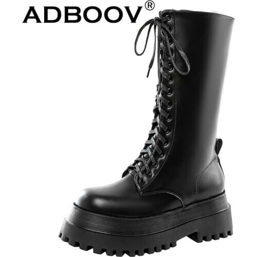 ADBOOV Thick Sole Motorcycle Boots Women Platform Leather High Boots Ladies Side Zip Female Shoes Black