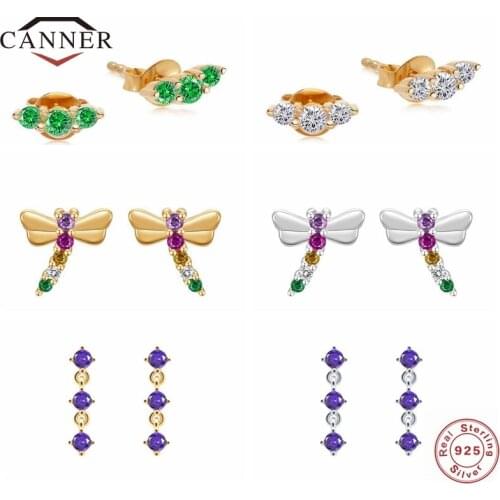 CANNER 925 Sterling Silver Dragonfly ColorDiamond Stud Earrings for Women Piercing Earring Jewelry Pendientes Kolczyki Brincos