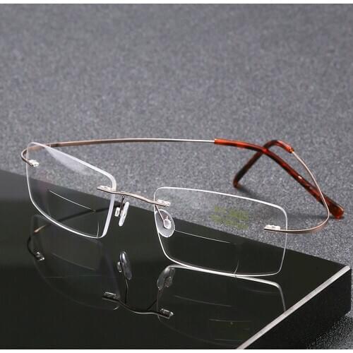 Ultralight Titanium Alloy Rimless Bifocal Reading Glasses Women Men Rectangle Rimless Commercial Frame +0.75 +1 +1.25 +1.5 to +4