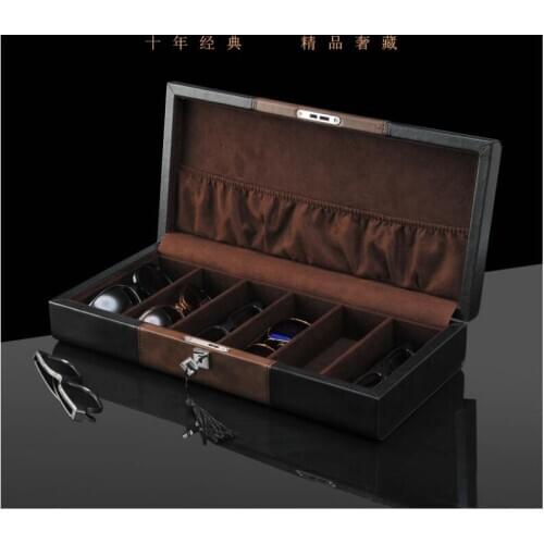 Top-grade PU Leather Wood 6-grid Glasses Box Sunglasses Box Holder Sunglasses Flat Mirror Receiving Case Glasswear Jewelry Box