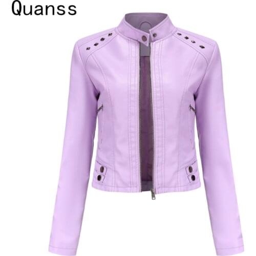 Quanss New Arrival Women Sring Autumn Black Faux Leather Jackets Zipper Rivet Basic Coat Fashion Slim Female Motor Biker Jacket