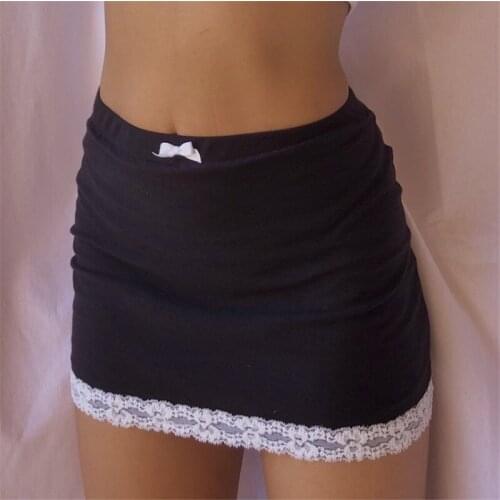 Women Casual Short Skinny Black Elastic Waist Bodycon Slim Lace Hem Close-fitting Mini Skirts