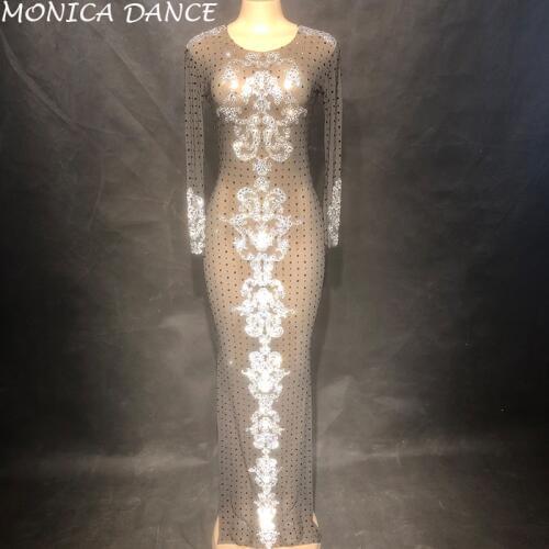 Women Sexy Black Mesh Perspective Stones Long Dress Evening Party Rhinestones Dresses Birthday Celebrate Costume Crystals Dress