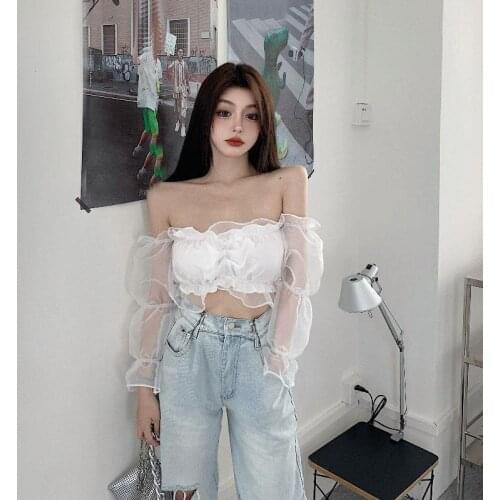 2021 New Sexy Off Shoulder Top Women Ruffle Puff sleeve Blouse Mesh Crop Tops Fashion Clothing Chiffon Blouses