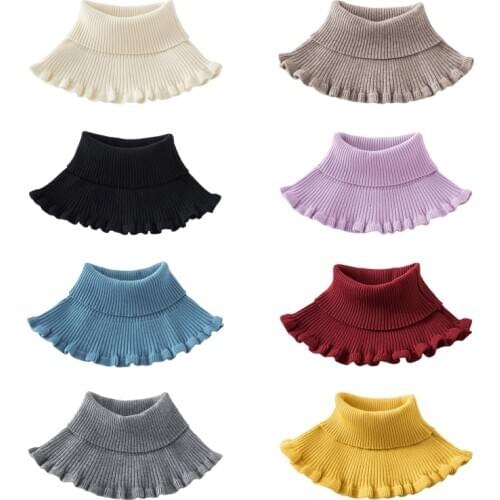 Ladies Turtleneck Ribbed Knitted False Fake Collar Winter Windproof Dickey Solid Color Ruffles Detachable Scarf Wrap