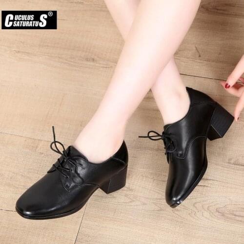 Cuculus 2020 Women Shoes Platform Women Pumps Round Toe Lace Up Square High Heel Genuine Leather All Match Ladies Pumps