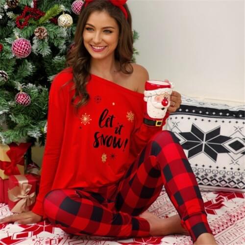 JULYS SONG Christmas Pajama Set 2 pieces Women Plaid Stripe Letters Printed Casual Homewear Pattern Plus Size Winter Sleepwear