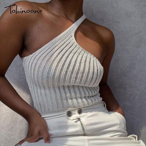 Tobinoone Knitting Cotton Solid Sexy Crop Top Women Summer One Shoulder Backless Tops Sleeveless Casual Sheath Party Tops 2021