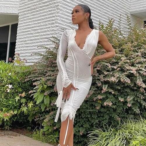 Women Dress Shirring One Should Solid Color Drawstring Long Sleeve V-Neck Mesh See Through Fashion Sexy Bodycon Dress
