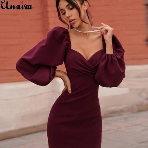 UNAIZA Women Temperament Dress Skirt Mid-Length Waist Puff Sleeve Sexy Long-Sleeved Dress One-Step Skirt High Waist Halter Dress