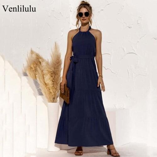 2021 Summer Maxi Long Dress Women Elegant Halter Sleeveless Dresses Ladies Beach Backless Dress Party with Belt Black Pink