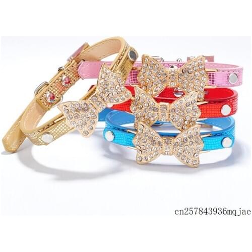 100pcs Pet Dog Collar Pu Leather Adjustable Collars Rhinestone Bow Puppy Crystal Bling Bowknot Collar Buckle Safety