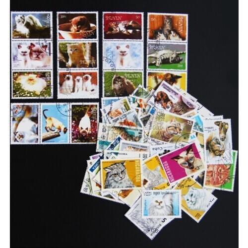 100 PCS All Different Topic Cat Postage Stamps Unused With Post Mark CTO Collection