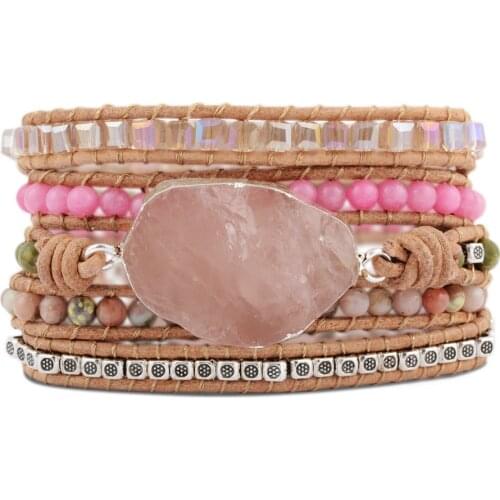 Bohemian Girls Gifts Handmade Pink Quartz Bracelet Natural Stone Bracelet 5 Wraps Bracelet For Women Bracelet Dropshipping
